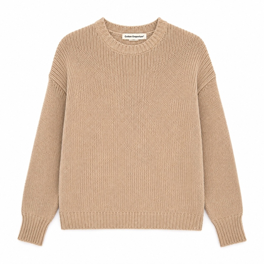 Cotton Emporium Tan Chunky Knit Sweater Small Cozy Minimalist Oversized